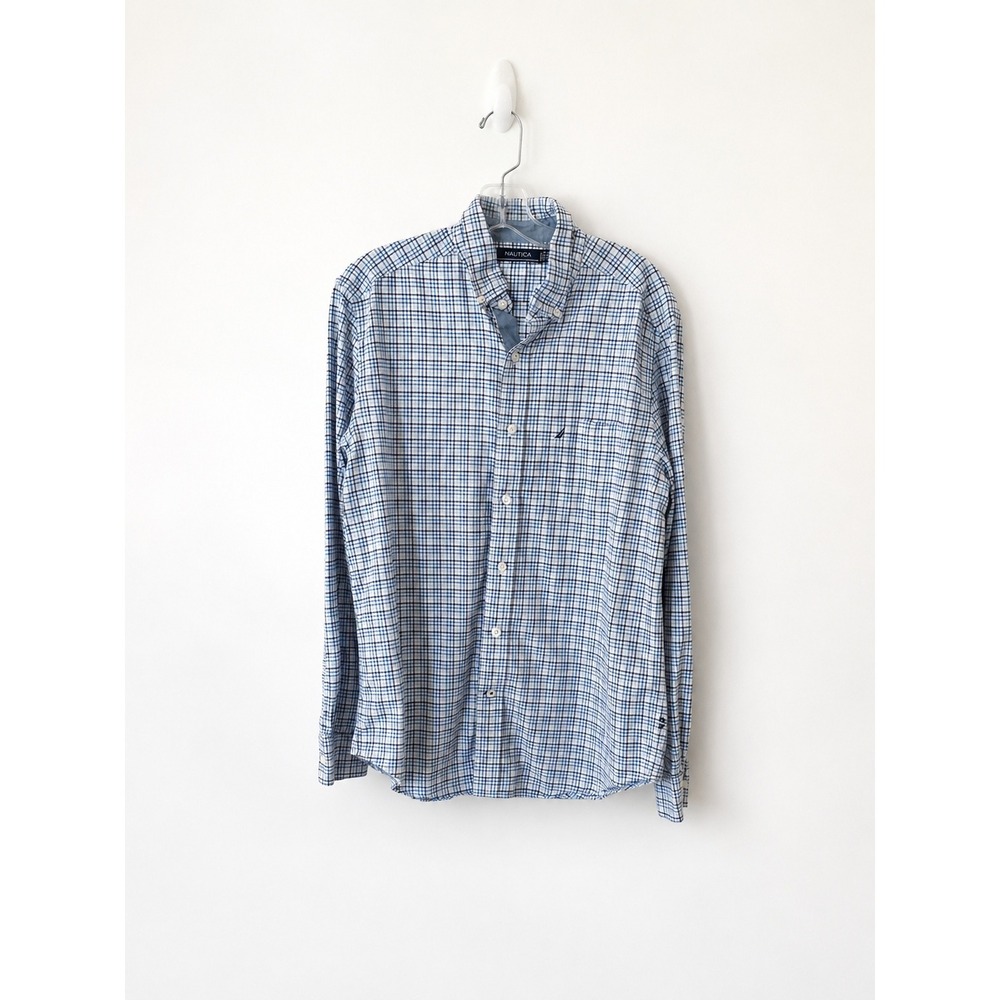 Nautica Men's M Long Sleeve Button Front Plaid Shirt Blue White 100% Cotton